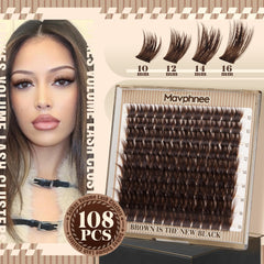 Mavphnee brown eyelash clusters applied on lashes demonstrating lightweight flutter