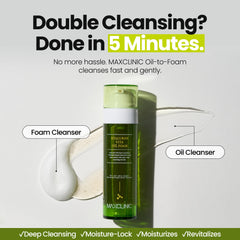 MAXCLINIC Hyaluron Vita Oil to Foam pump demonstrates easy makeup removal.