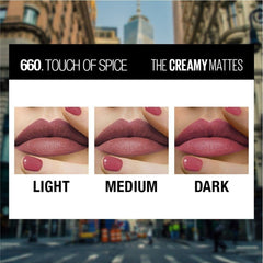 Maybelline Color Sensational plum lipstick swatch adds rich depth.