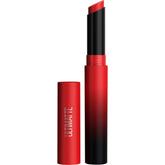 Maybelline Ultimatte More Ruby lipstick swatch highlighting bold pigment and non-drying feel.