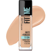 Base de Maybelline Fit Me, botella, acabado mate para piel grasa.