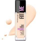 Maybelline Fit Me bottle showing dewy finish and SPF 18 for porcelain skin.