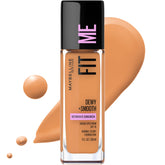 Maybelline Fit Me foundation bottle shows hydrated, luminous finish.