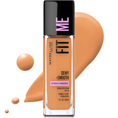 Maybelline Fit Me foundation bottle shows hydrated, luminous finish.