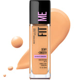 Maybelline Fit Me Dewy + Smooth foundation bottle with SPF 18 delivering hydrated coverage.