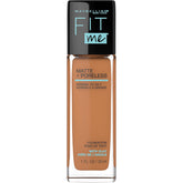 Maybelline Fit Me Matte Poreless bottle shows oil-free, natural matte finish
