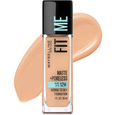 Maybelline Fit Me Matte Poreless buff beige bottle showing oil-free formula for normal to oily skin