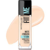 Maybelline Fit Me foundation bottle close-up, oil-free matte finish