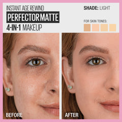 Maybelline Instant Age Rewind 4en1 Mate, acabado mate duradero en rostro.