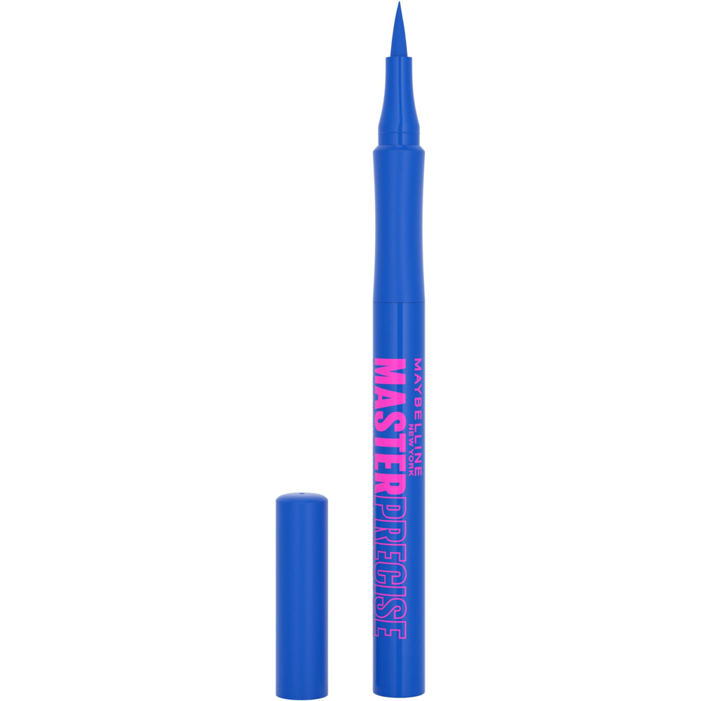 Maybelline Master Precise eyeliner cobalt blue close-up, rich pigment for all-day wear.