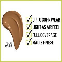 MAYBELLINE Super Stay cobertura-total, tono mocha, lienzo uniforme.