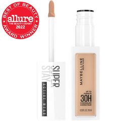 Maybelline Super Stay Concealer textura mate natural facilita cobertura duradera sin brillo.