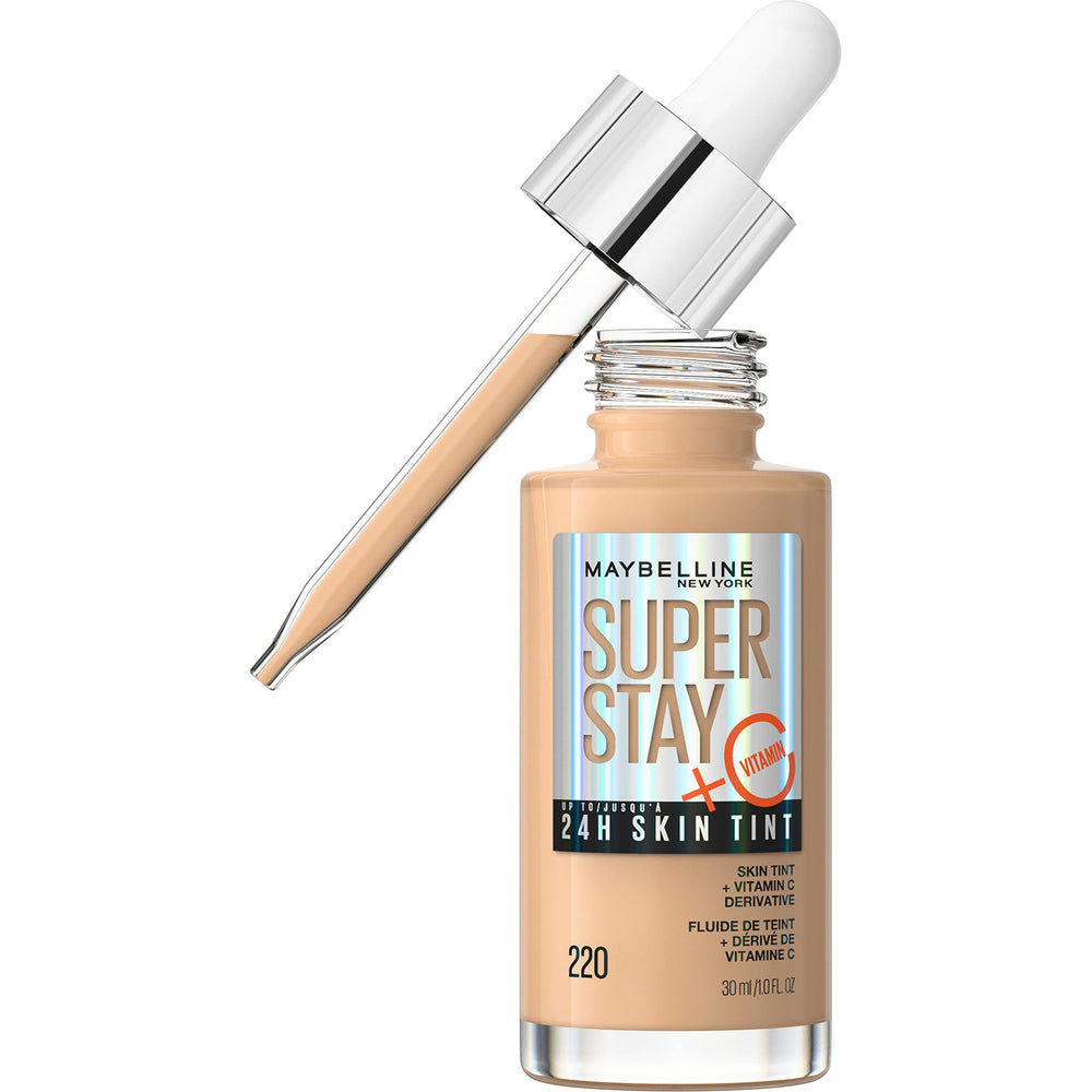 Maybelline Super Stay skin tint bottle with pump delivering radiant light-to-medium coverage.
