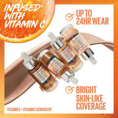 Close-up highlights dewy glow from vitamin C infused tint on skin.