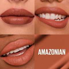 Maybelline Super Stay Matte Ink Amazonian nude brown shade on lips for versatile looks.