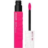 Maybelline Super Stay Matte Ink Romantic lip swatch delivering vivid pink color for all-day wear.