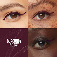 MAYBELLINE Burgundy Boost applicator demonstrates smooth swatches for thin to thick strokes.
