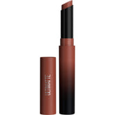 Maybelline Ultimatte lipstick bullet close-up showing bold color pigment for confident lips.