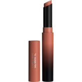 Maybelline Ultimatte lipstick bullet close-up shows bold color.