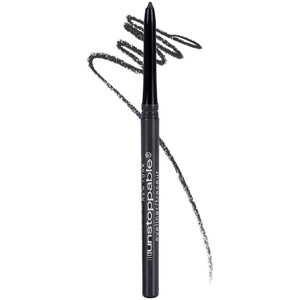 Lápiz delineador mecánico Maybelline Unstoppable gris Pewter con punta autoafilable para trazos precisos.
