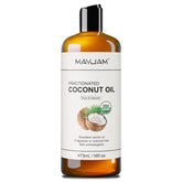 MAYJAM Aceite de Coco Fraccionado vertido, ideal para hidratación diaria de la piel.