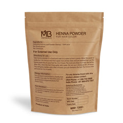 MB Herbals henna powder delivers a vibrant orange-red color on hair.