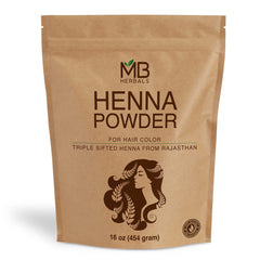 MB Herbals henna powder packaging in 454 g jar for easy use