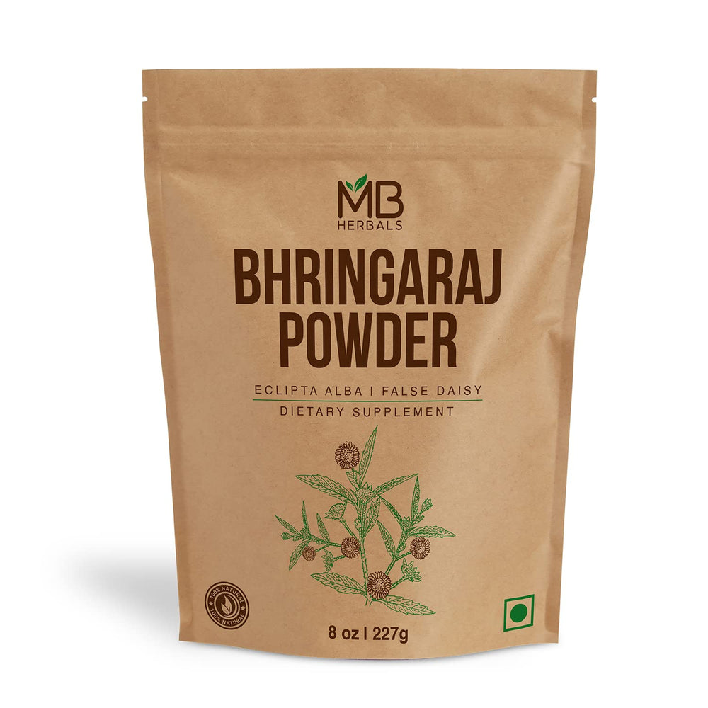 MB Herbals Polvo de Bhringaraj, botella: fortalecimiento capilar y aroma natural