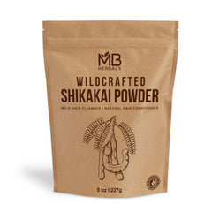 MB Herbals Shikakai powder jar close-up for gentle scalp cleansing.