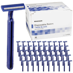 McKesson disposable razor twin blade blue 50-count for efficient bulk use.