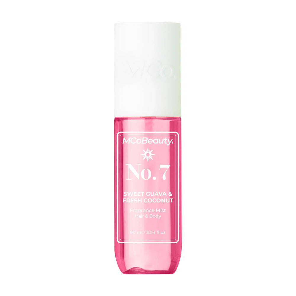 MCoBeauty Fragrance Mist No. 7 bottle close-up highlighting guava and coconut notes for everyday freshness.