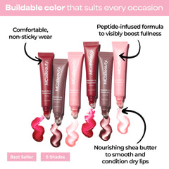 MCoBeauty Peptide Lip Treatment Vanilla Brulee lip swatch demonstrates natural shine and moisture.