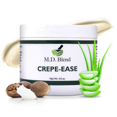 M.D. Blend Crepe-Ease bottle front showing fragrance-free daily hydration for sensitive skin