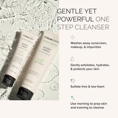 MDSolarSciences Wash Away Cleanser, etiqueta de diseño limpio que inspira rutina diaria suave.