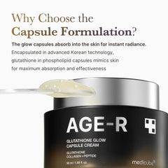 Medicube AGE-R Glow capsule beads reveal micro-encapsulation for smooth skin.
