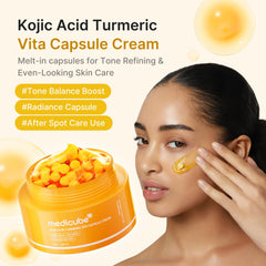 Medicube Capsule Cream capsules closeup highlights targeted tone balancing benefits.