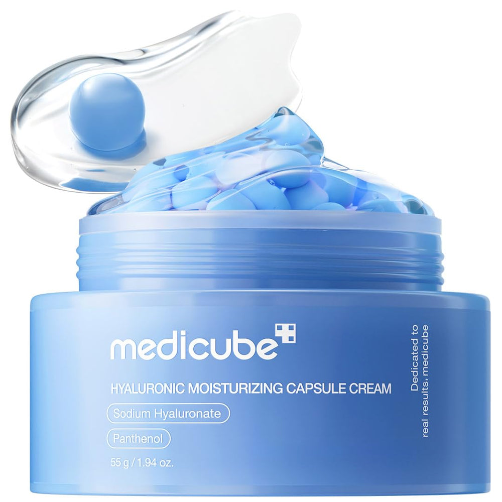 Medicube Capsule Cream with Hyaluronic Acid provides 120-hour hydration for plump skin.