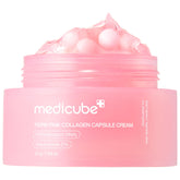 Medicube Capsule Cream with PDRN bottle shows encapsulated capsules for hydrated, even-toned skin.