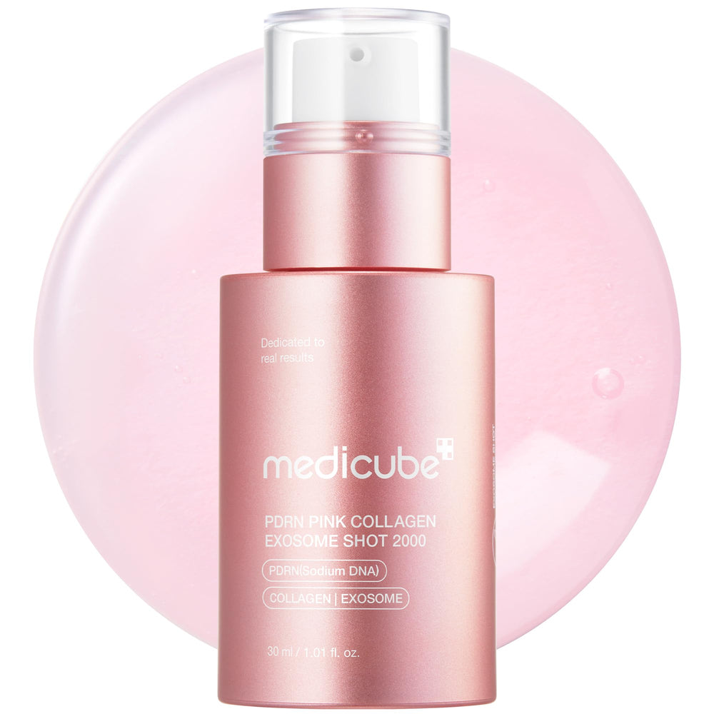Medicube Exosome Shot PDRN Pink Collagen bottle pour delivers even application for radiant glow.