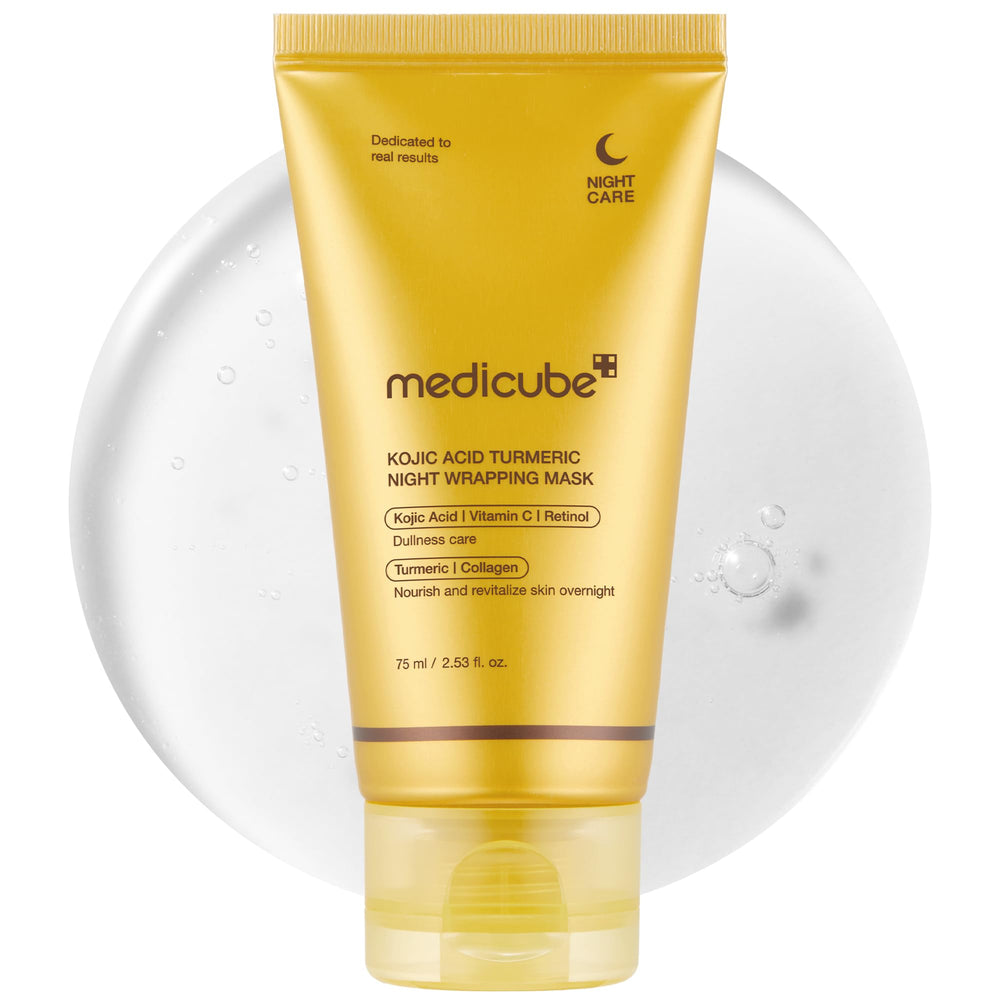 Medicube Kojic Acid Turmeric Overnight Wrapping Mask packaging closeup highlighting glow