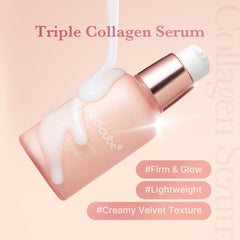 Medicube Triple Collagen Serum, aplicación en la cara, aporta hidratación y absorción rápida.
