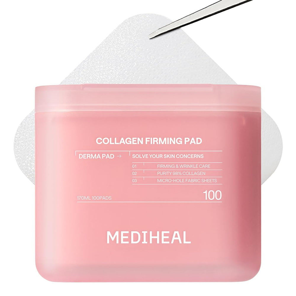 Mediheal Toner Pads Collagen 98% low-molecular close-up showing collagen-rich formulation for firming potential.