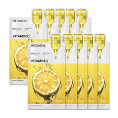 Mediheal Vitamin C Essential Sheet Mask pack front view highlighting vegan formula.