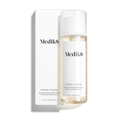 Medik8 Press and Glow toner bottle pouring demonstrates gentle exfoliation and hydration.