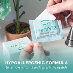 MEDIVIZ Eyelid Cleanser Wipes close-up shows hypoallergenic formula