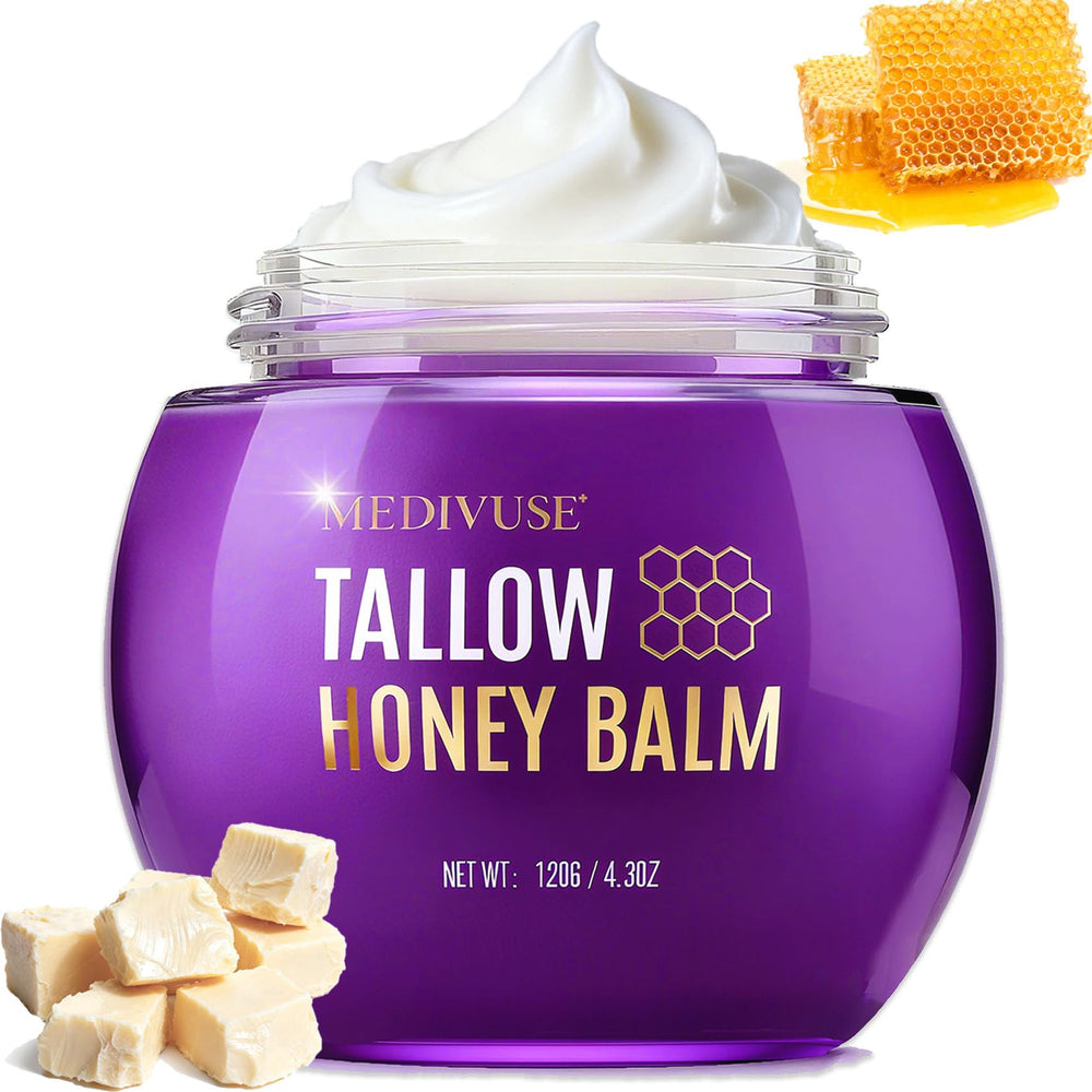 MediVuse Tallow and Honey Balm jar close-up showing creamy texture for facial care