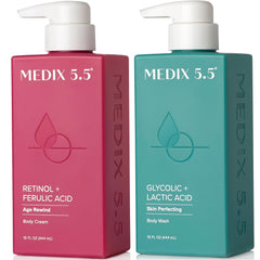 Medix 5.5 exfoliating wash foaming pump bottle with peppermint scent for a refreshing cleanse.