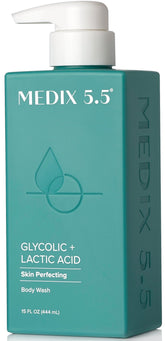 Medix 5.5 glycolic exfoliating body wash foaming action softens dry skin and boosts prep for moisturizers.