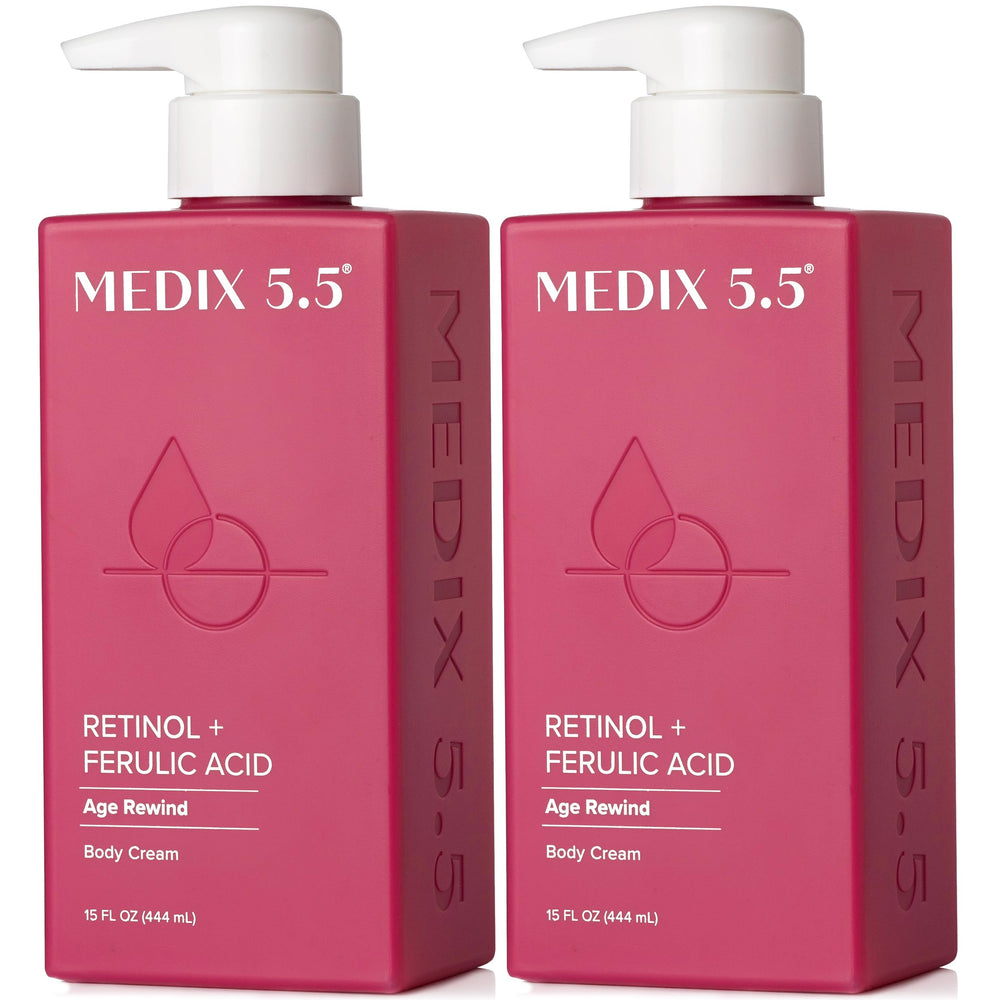 Medix 5.5 Retinol Body Lotion bottle front view highlighting a firming formula.