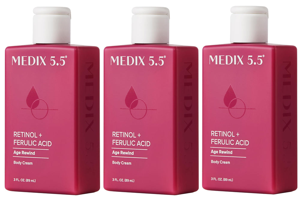 Medix 5.5 Retinol Body Lotion bottle with pump for quick, hydrating application.